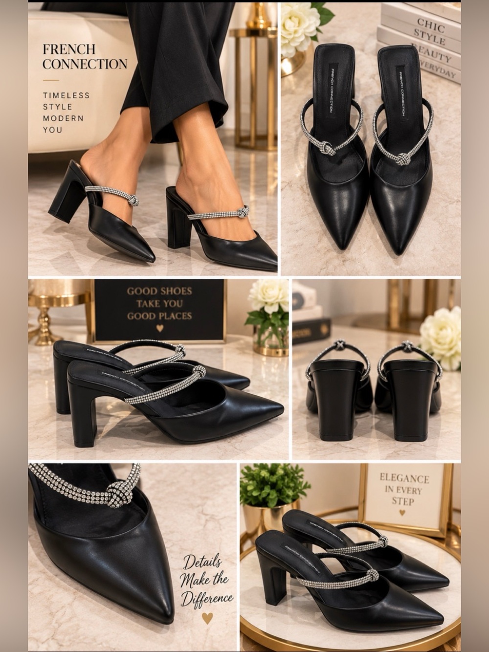 French Connection Black Pointed Mule Pumps with Crystal Strap